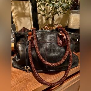 Fossil Pebbled Black Leather Tote with Whiskey Brown Trim ✨ Braided Handles